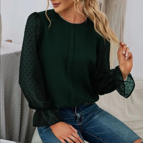 Blue Swiss dot flounce sleeve blouse - Picture 12 of 16